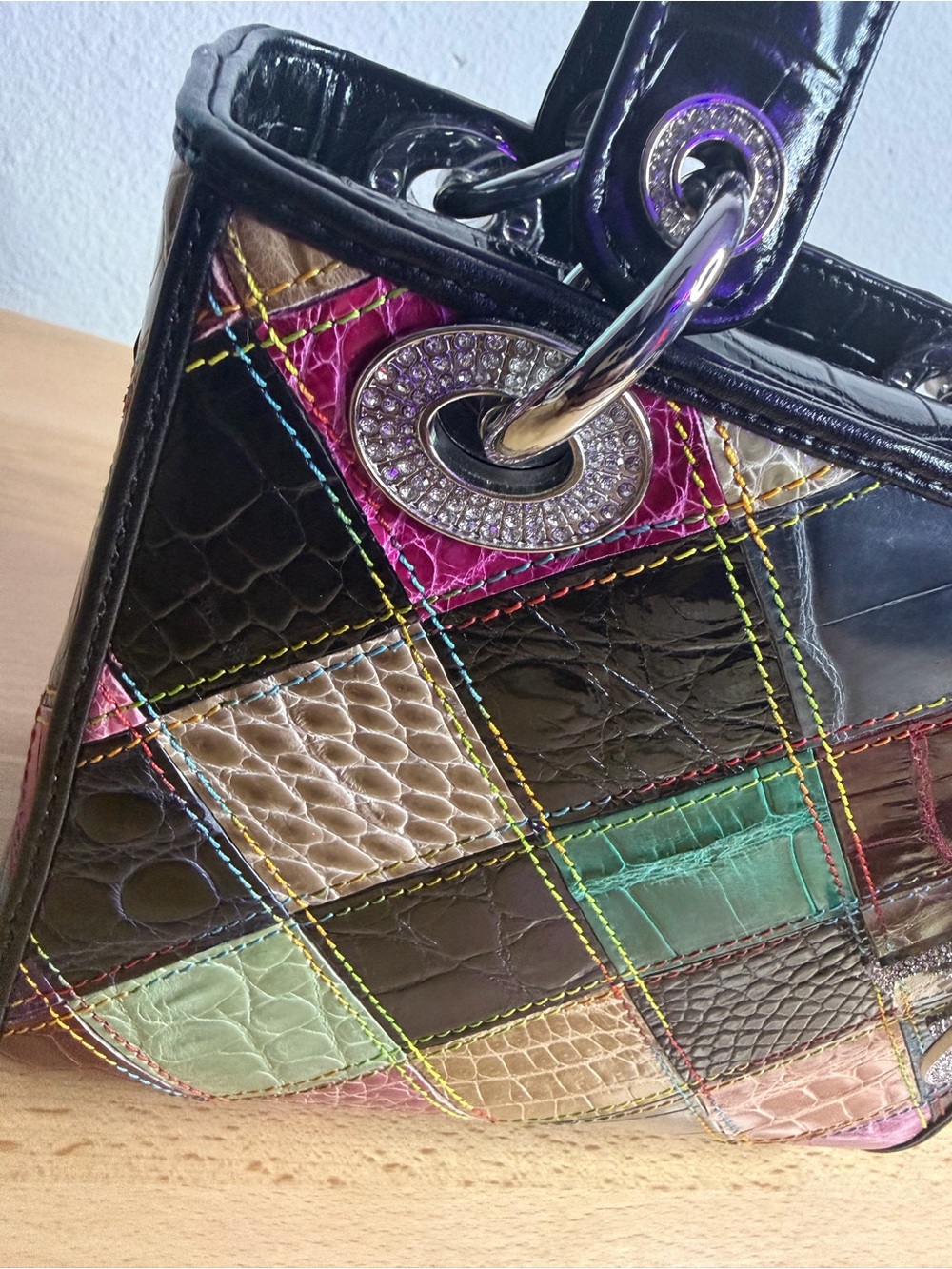 CD LadyD patchwork tote multicolor crocodileembossed signature silver tone charm - Picture 5 of 11